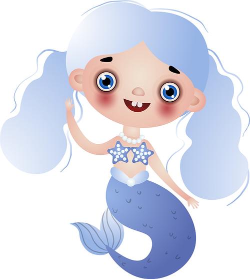 可爱的微笑美人鱼女孩与蓝色波浪结图片